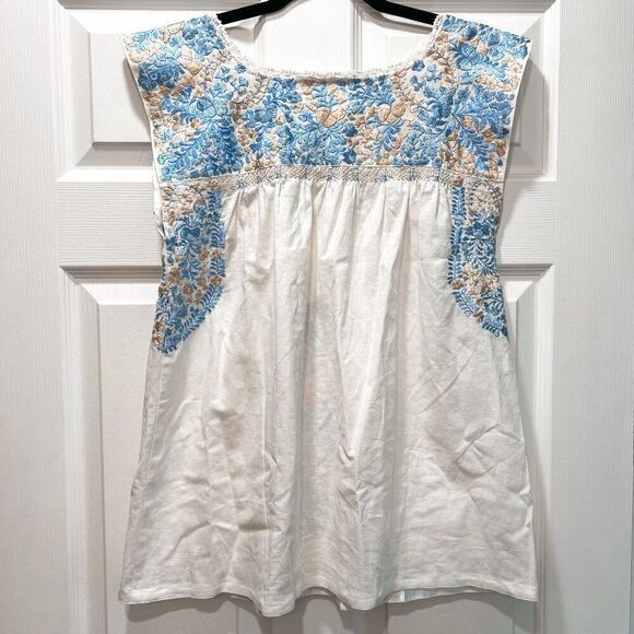 NWT! Mi Golondrina Mexico Blue White Gold Embroidered Flores Blouse Size Small - Picture 5 of 5